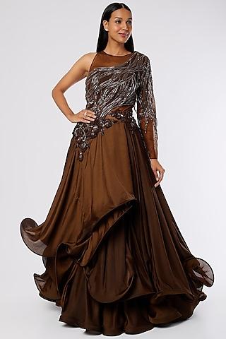 chocolate brown satin ruffled gown
