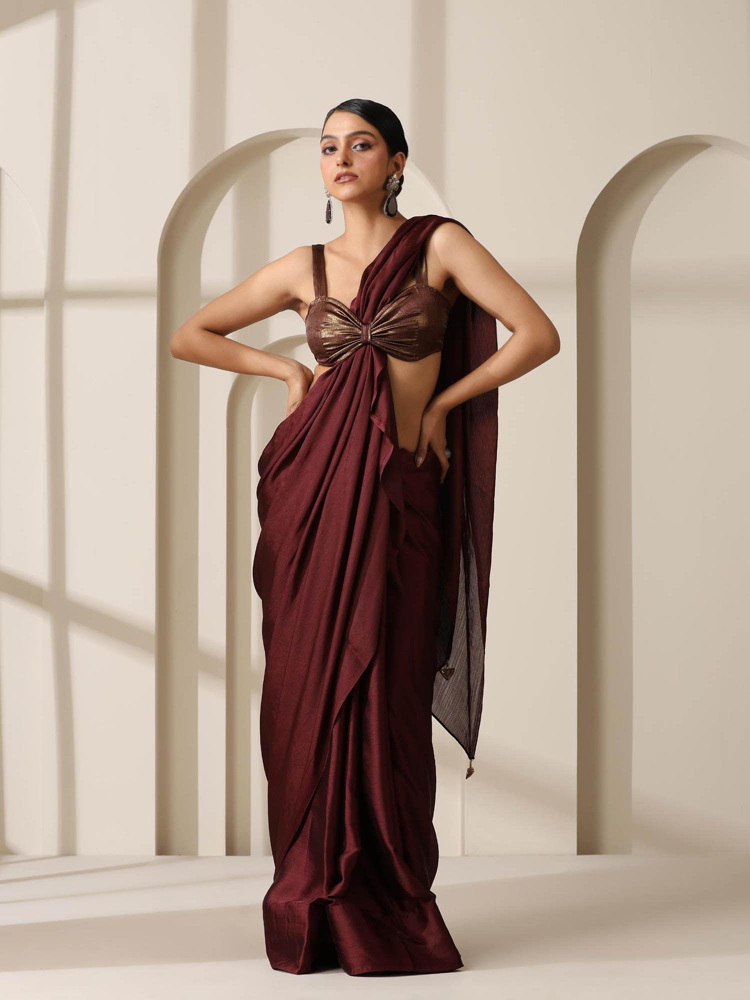 chocolate chiffon saree with unstitched blouse