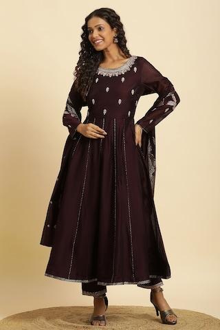 chocolate embroidered ethnic full sleeves round neck women regular fit pant kurta dupatta set