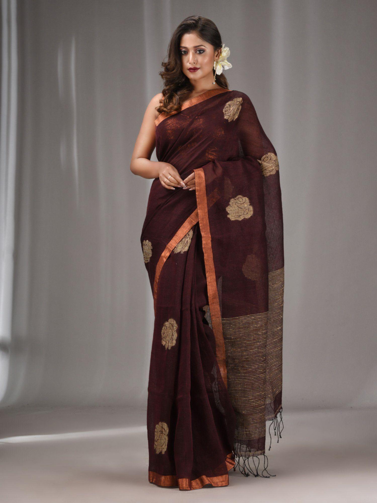 chocolate linen handwoven saree with gheecha pallu with unstitched blouse