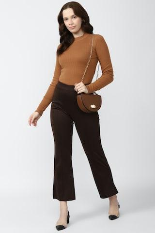 chocolate solid ankle-length formal women regular fit trousers