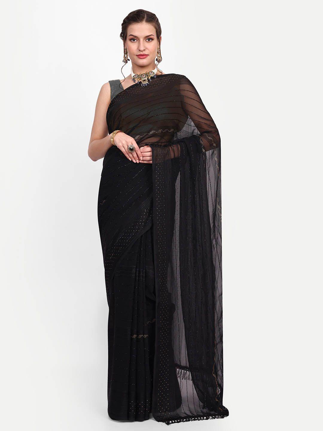 choiceit black & gold-toned embellished beads and stones poly georgette baluchari saree