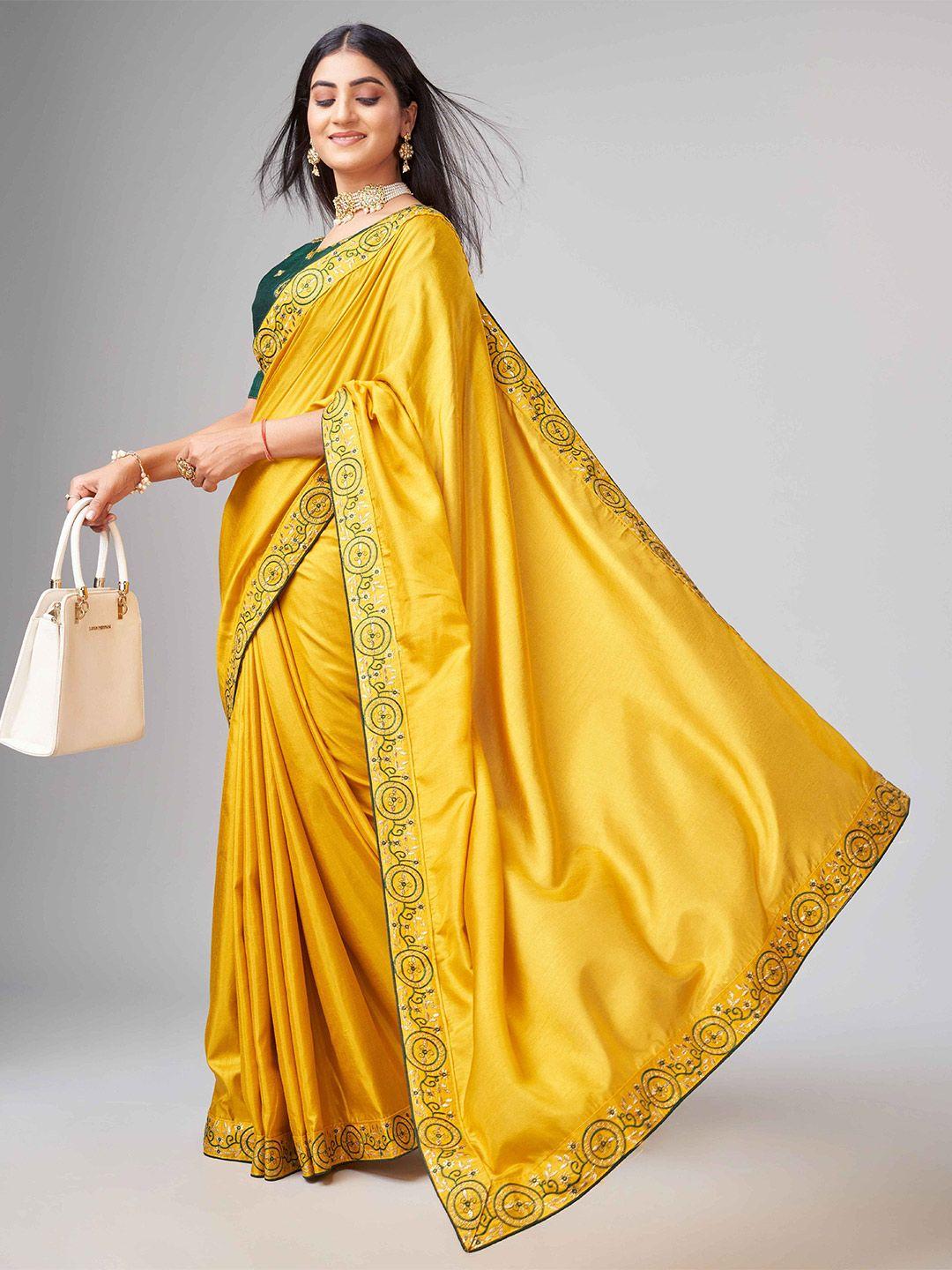 choiceit mustard & green embroidered silk cotton mysore silk saree