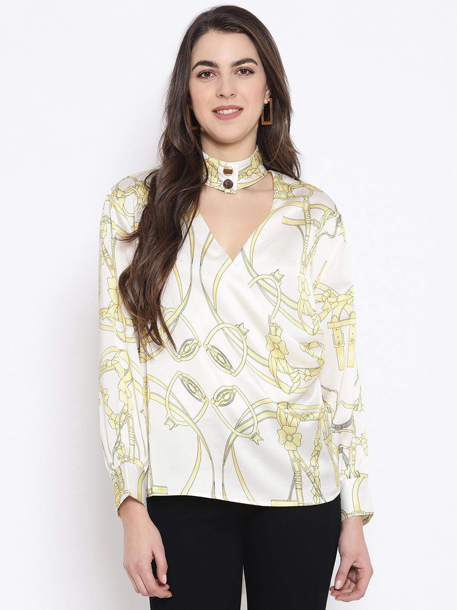 choker neck long floral print blouse
