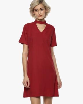 choker-neck shift dress with cutout