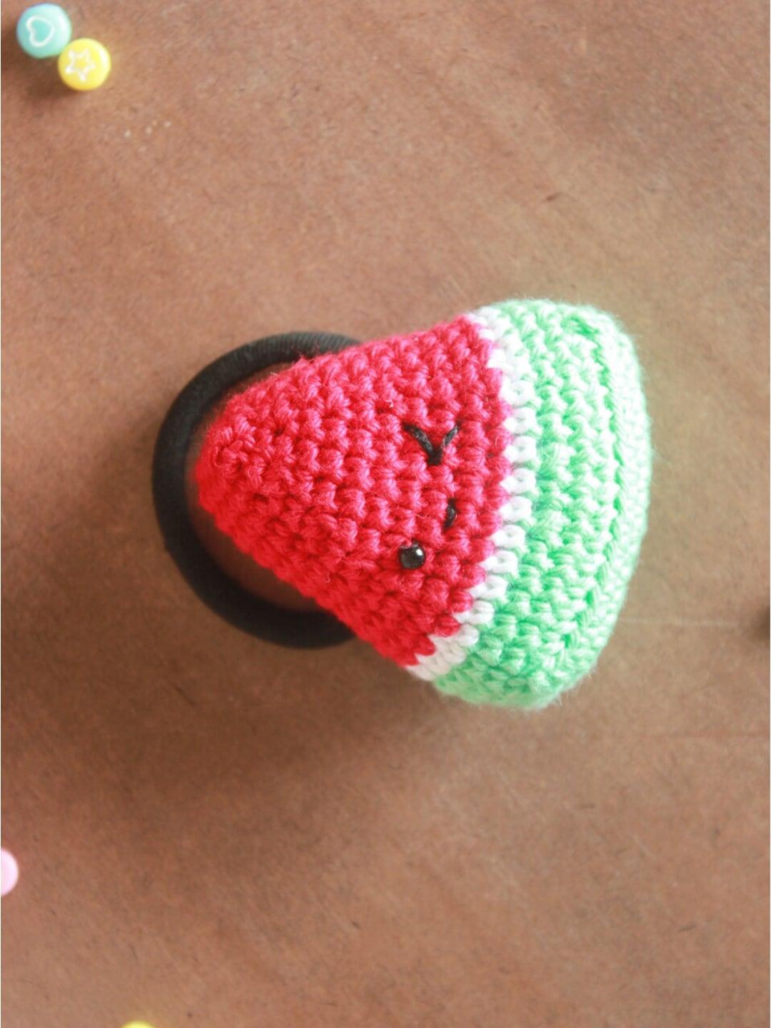 choko kids girls red, green handmade crochet watermelon ponytail holders