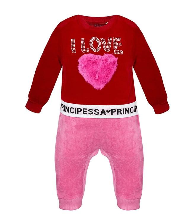 choupette kids red & pink applique velour relaxed fit overall