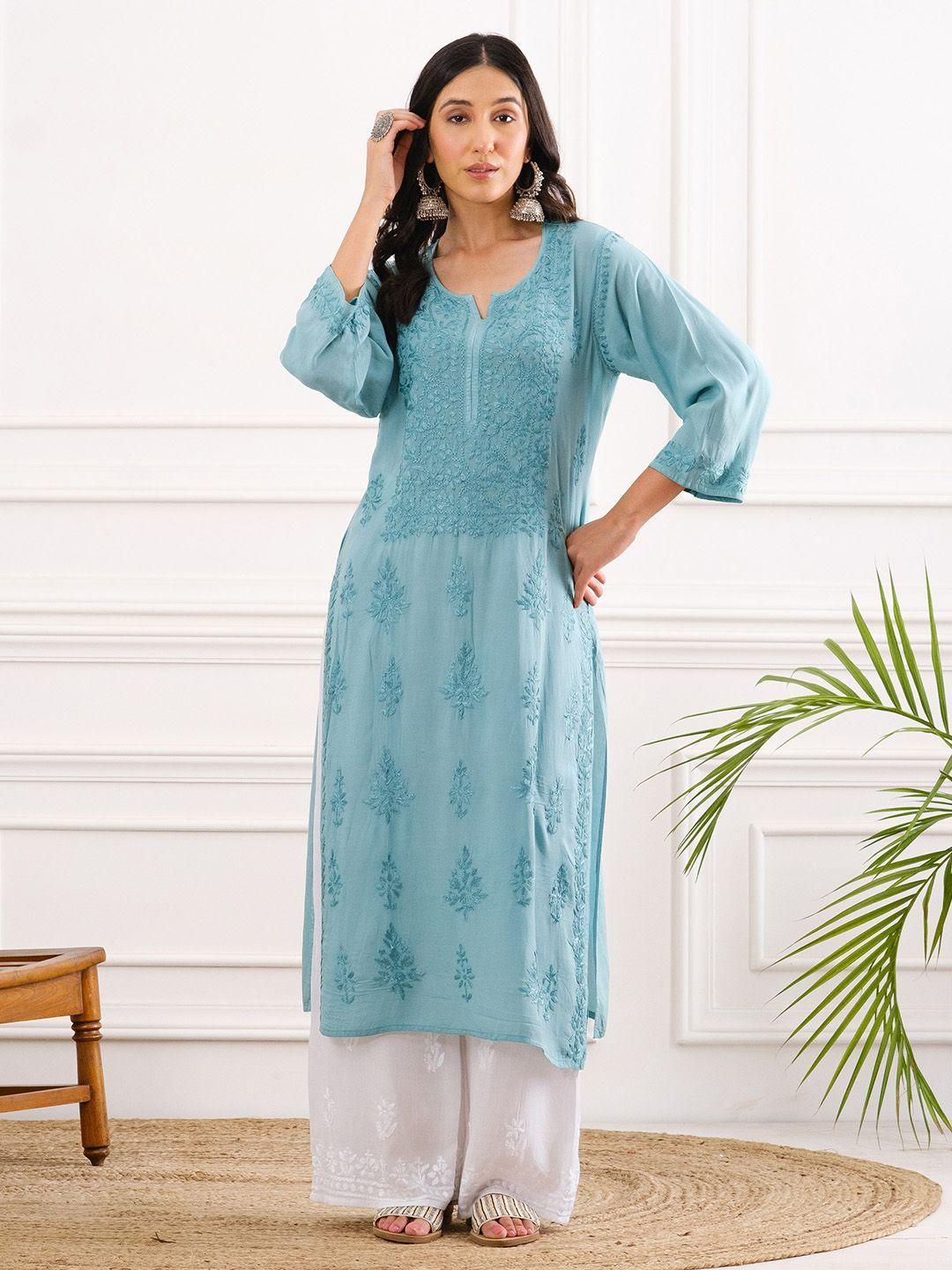 chowkhat ethnic motifs embroidered regular chikankari modal straight kurta