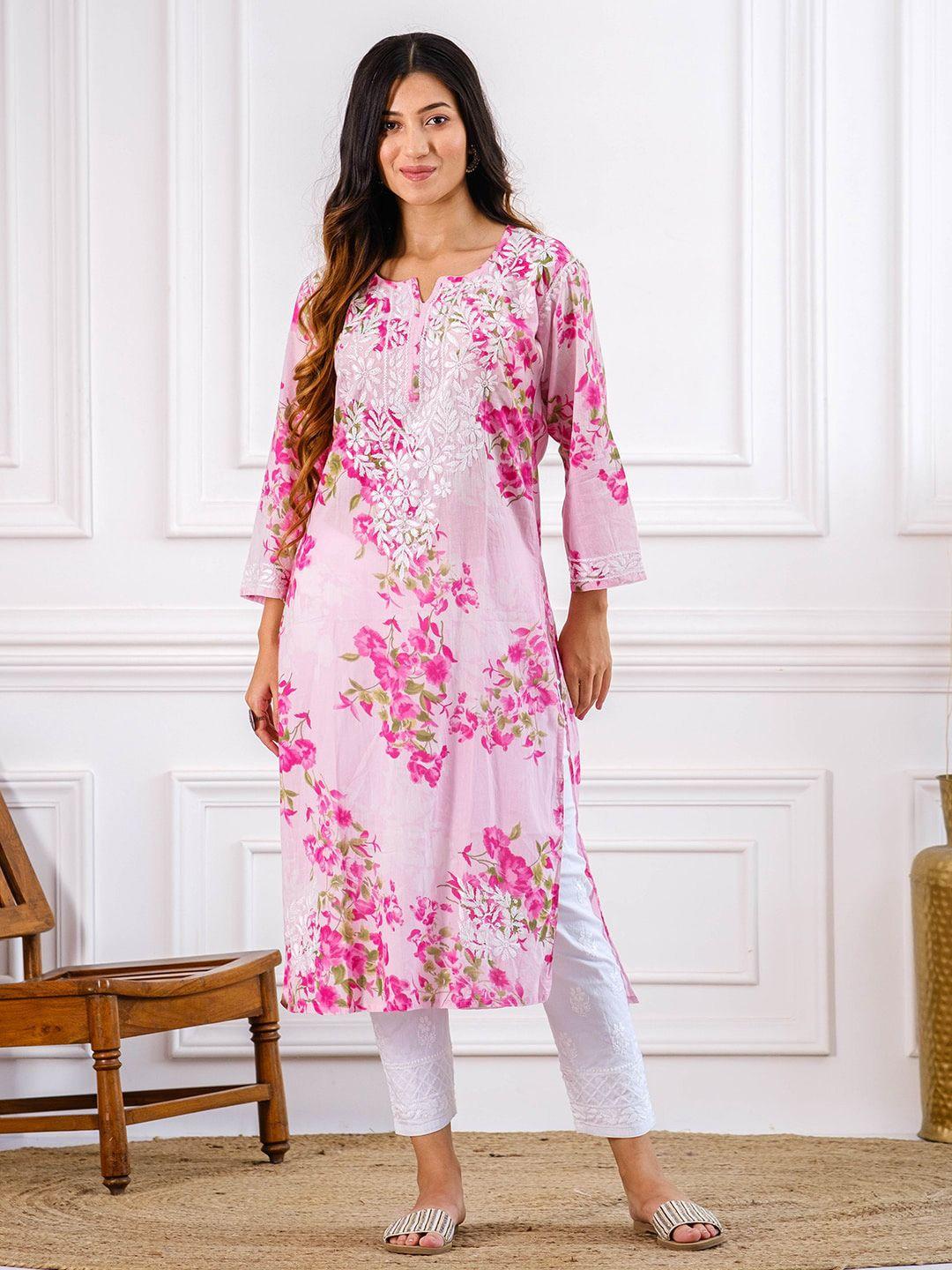 chowkhat floral printed embroidered cotton chikankari kurta