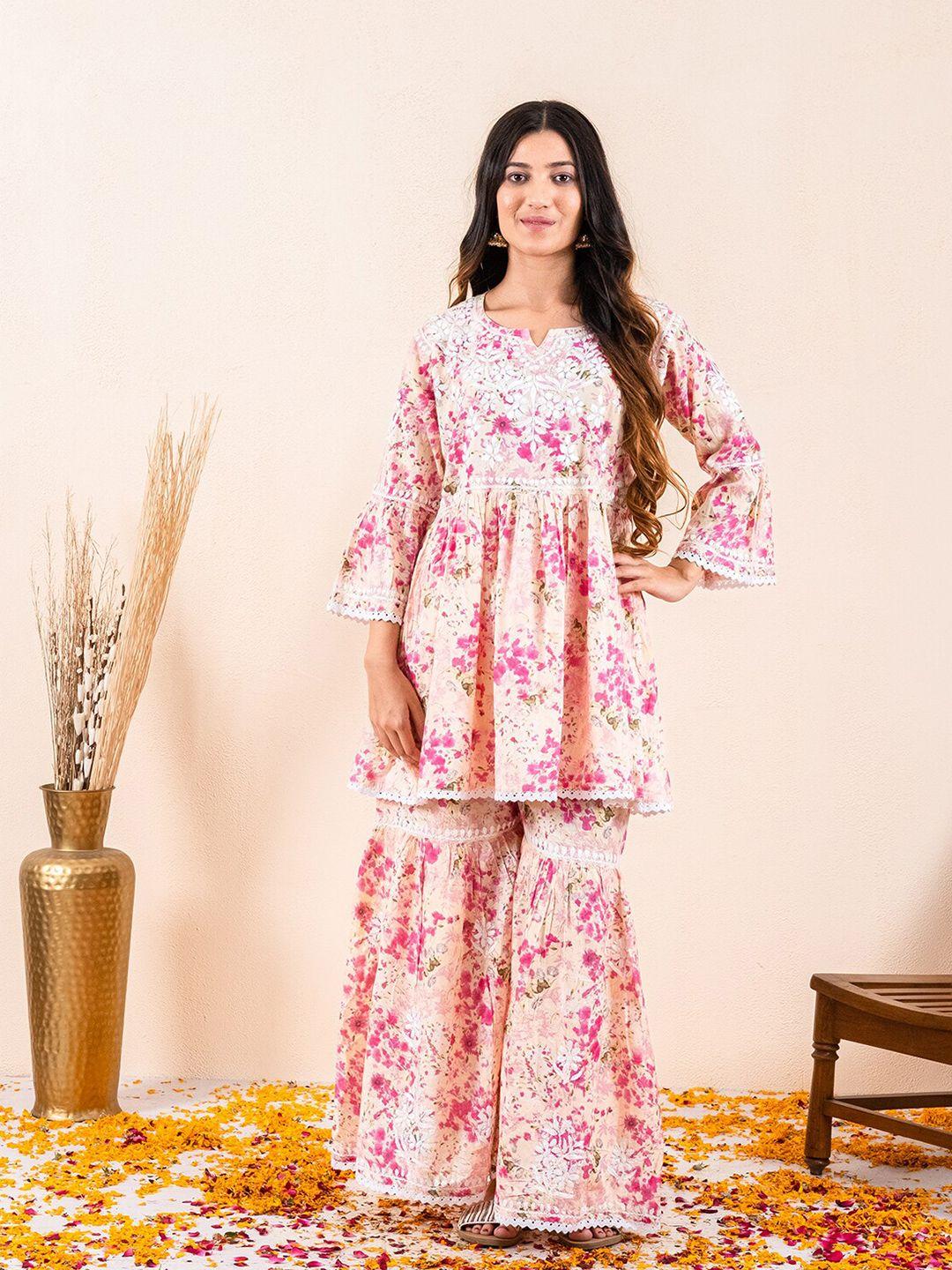 chowkhat floral printed empire chikankari cotton kurta with sharara