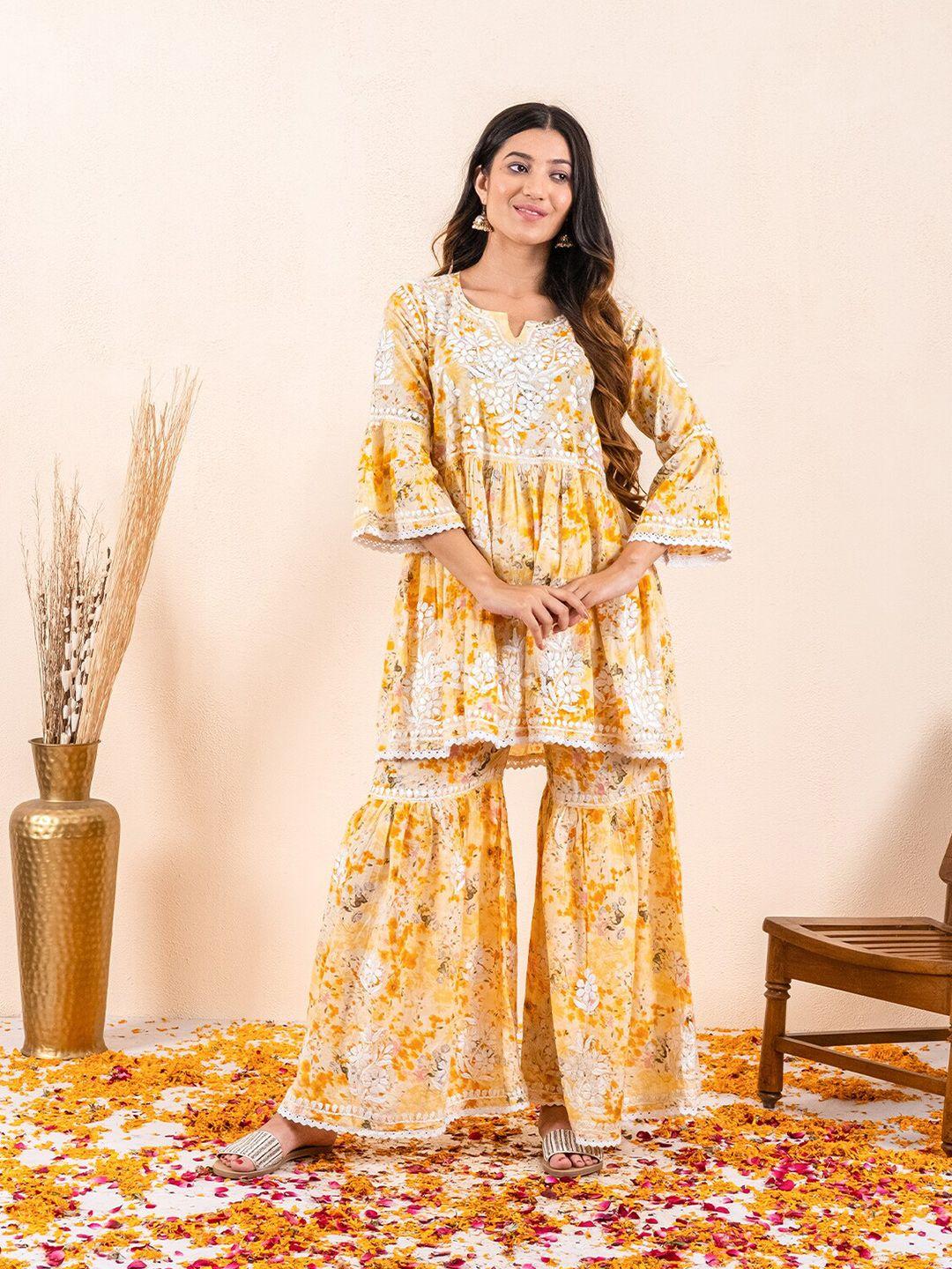 chowkhat floral printed pure cotton a-line kurti & sharara