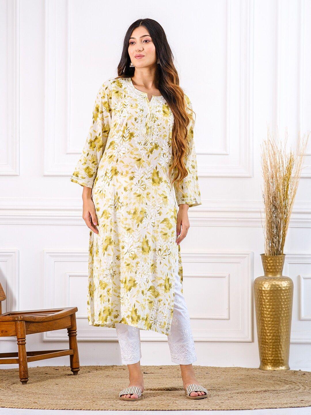 chowkhat floral printed thread work straight kurta