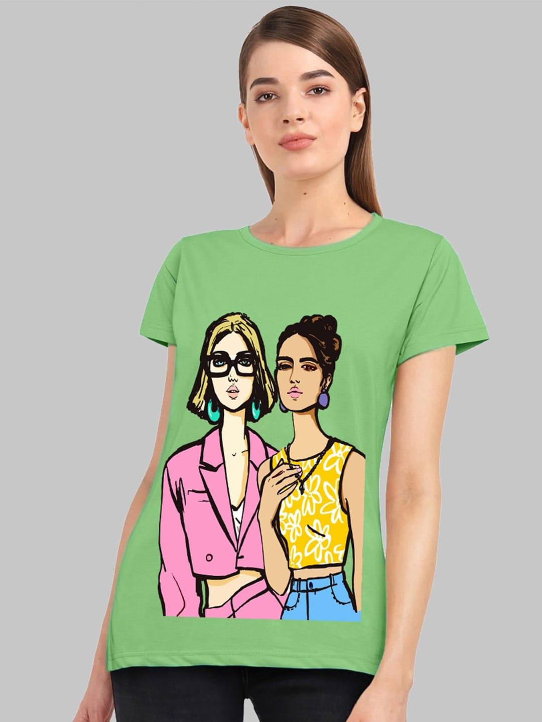 chozi women lime green printed bio finish pockets t-shirt
