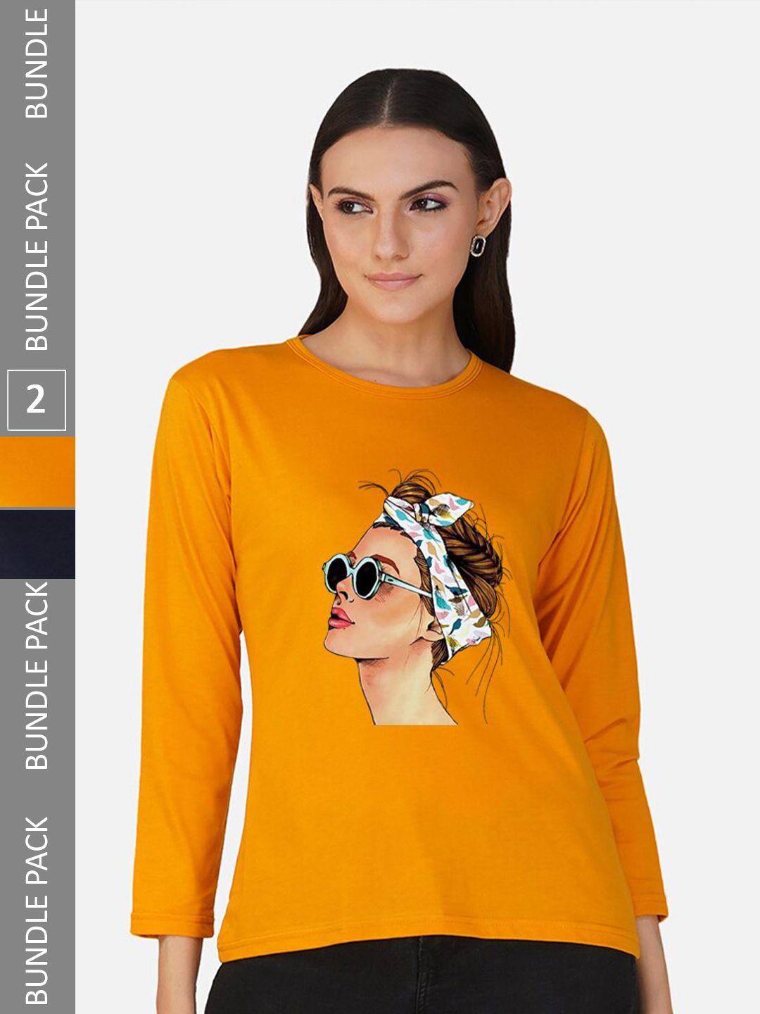 chozi women mustard yellow 2 printed applique t-shirt