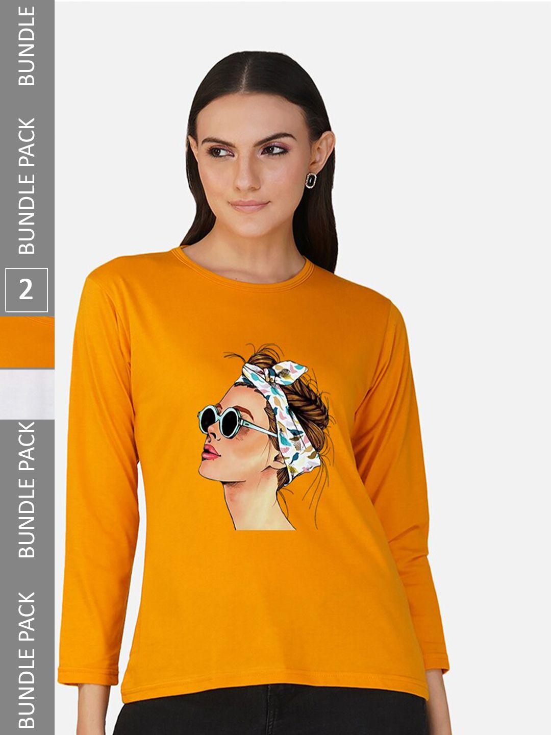 chozi women mustard yellow 2 printed applique t-shirt