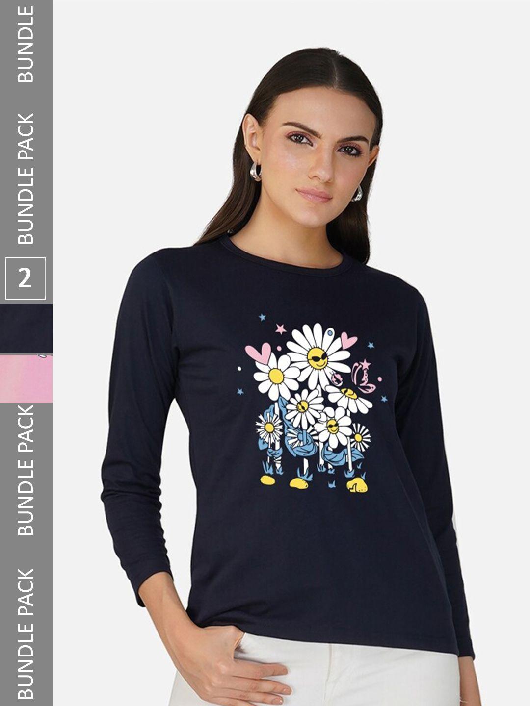 chozi women navy blue typography 2 printed applique t-shirt