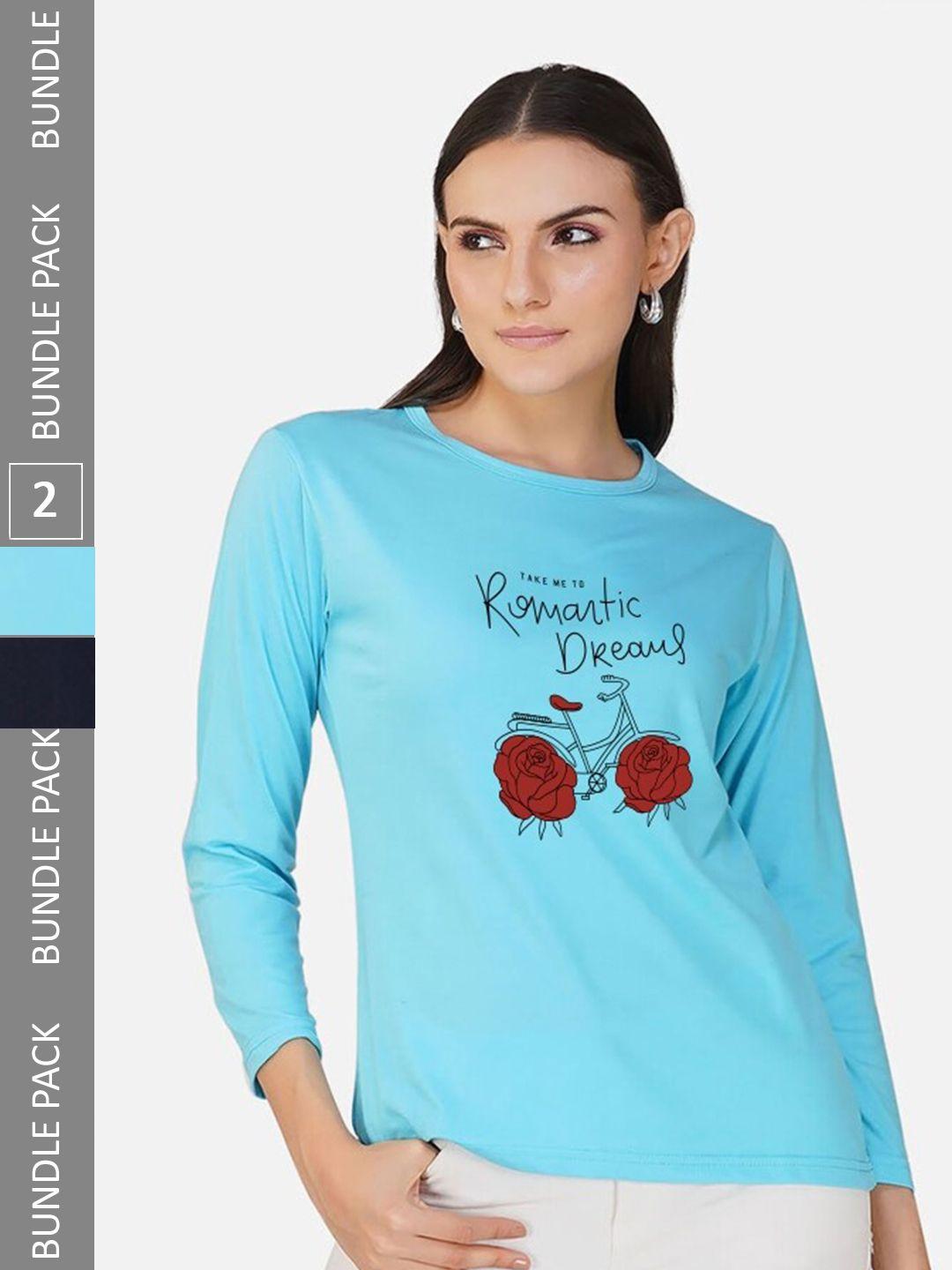 chozi women turquoise blue 2 high neck applique t-shirt