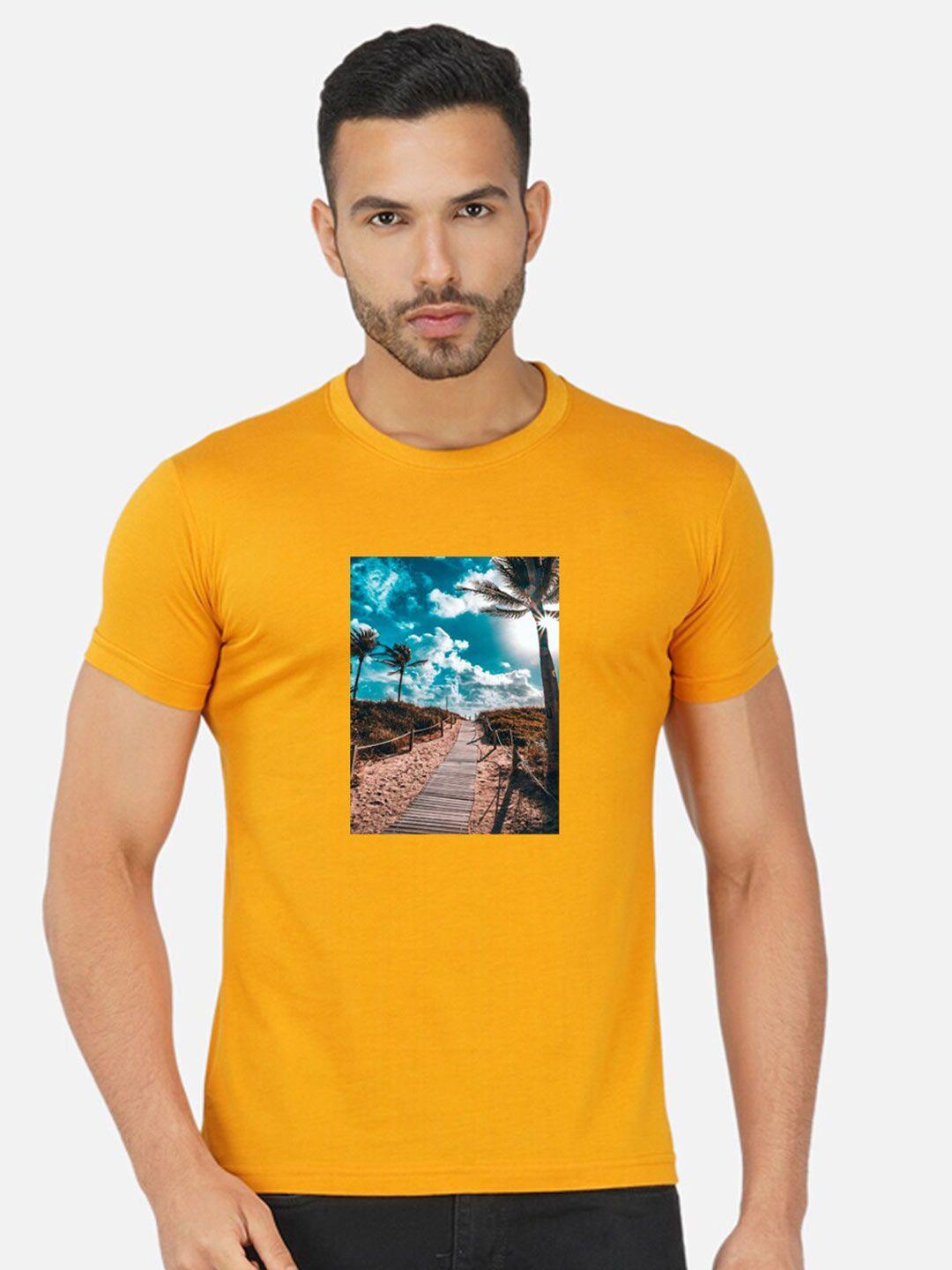 chozi men mustard yellow printed applique t-shirt