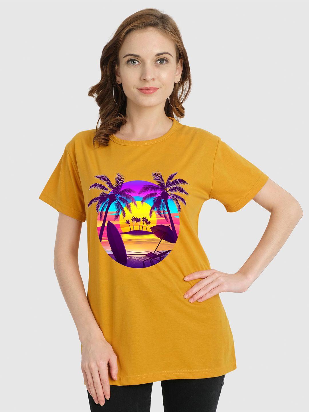 chozi women mustard yellow printed bio finish pockets t-shirt