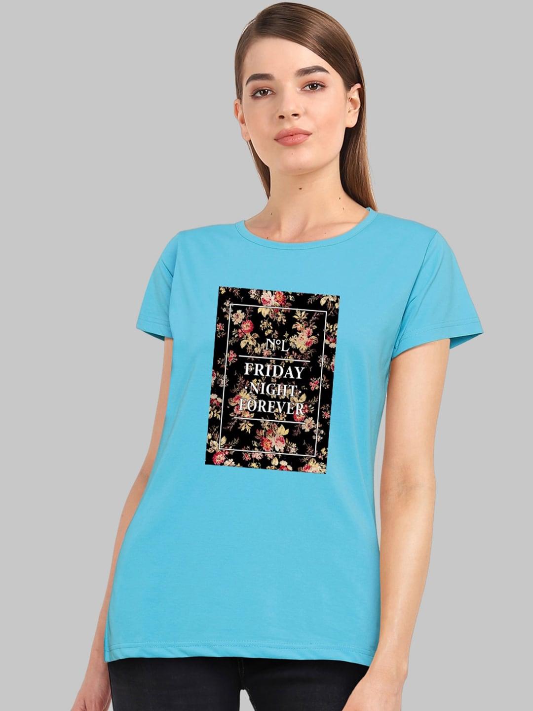 chozi women turquoise blue printed v-neck bio finish pockets t-shirt