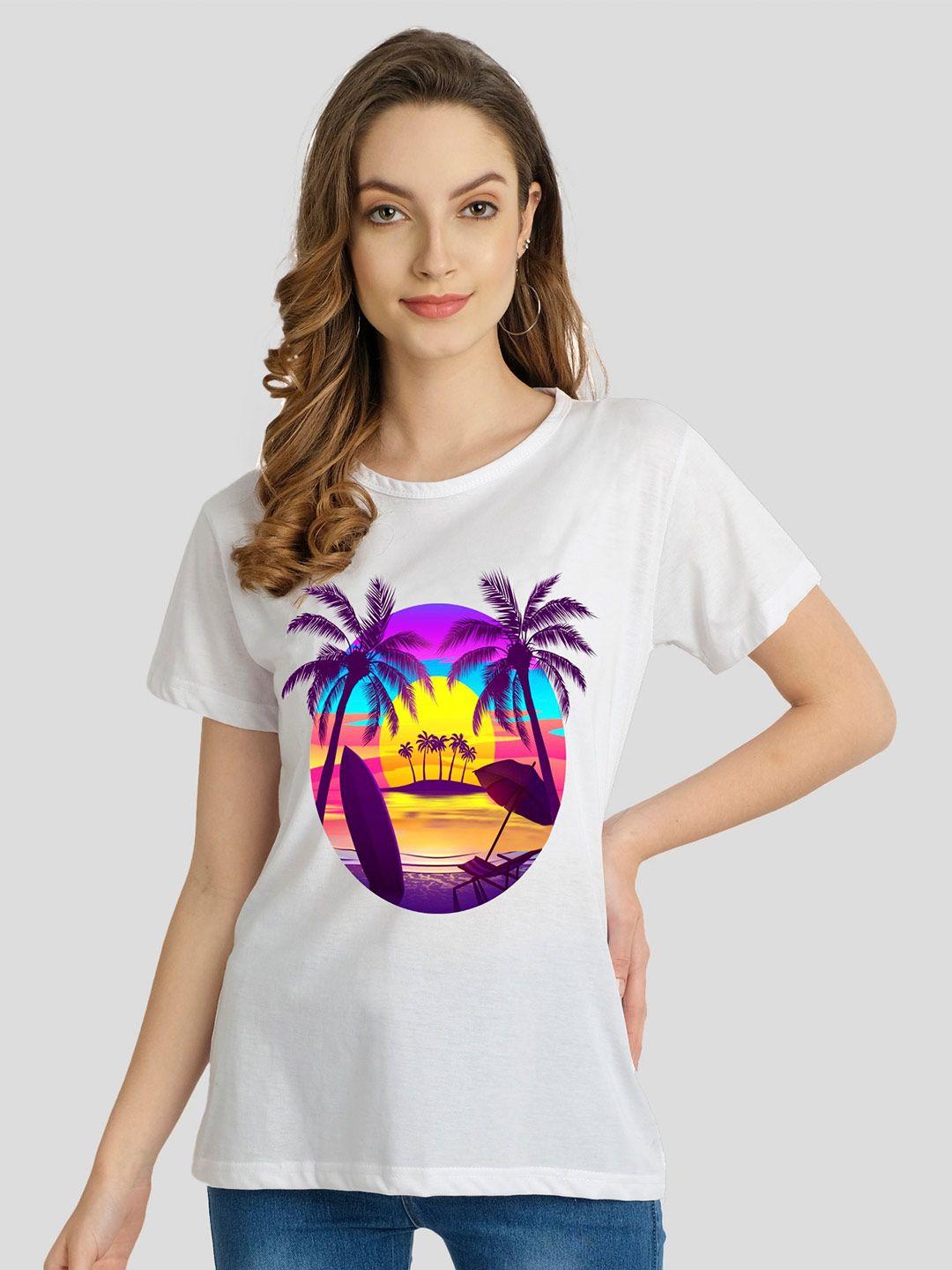 chozi women white printed tropical bio finish pockets t-shirt