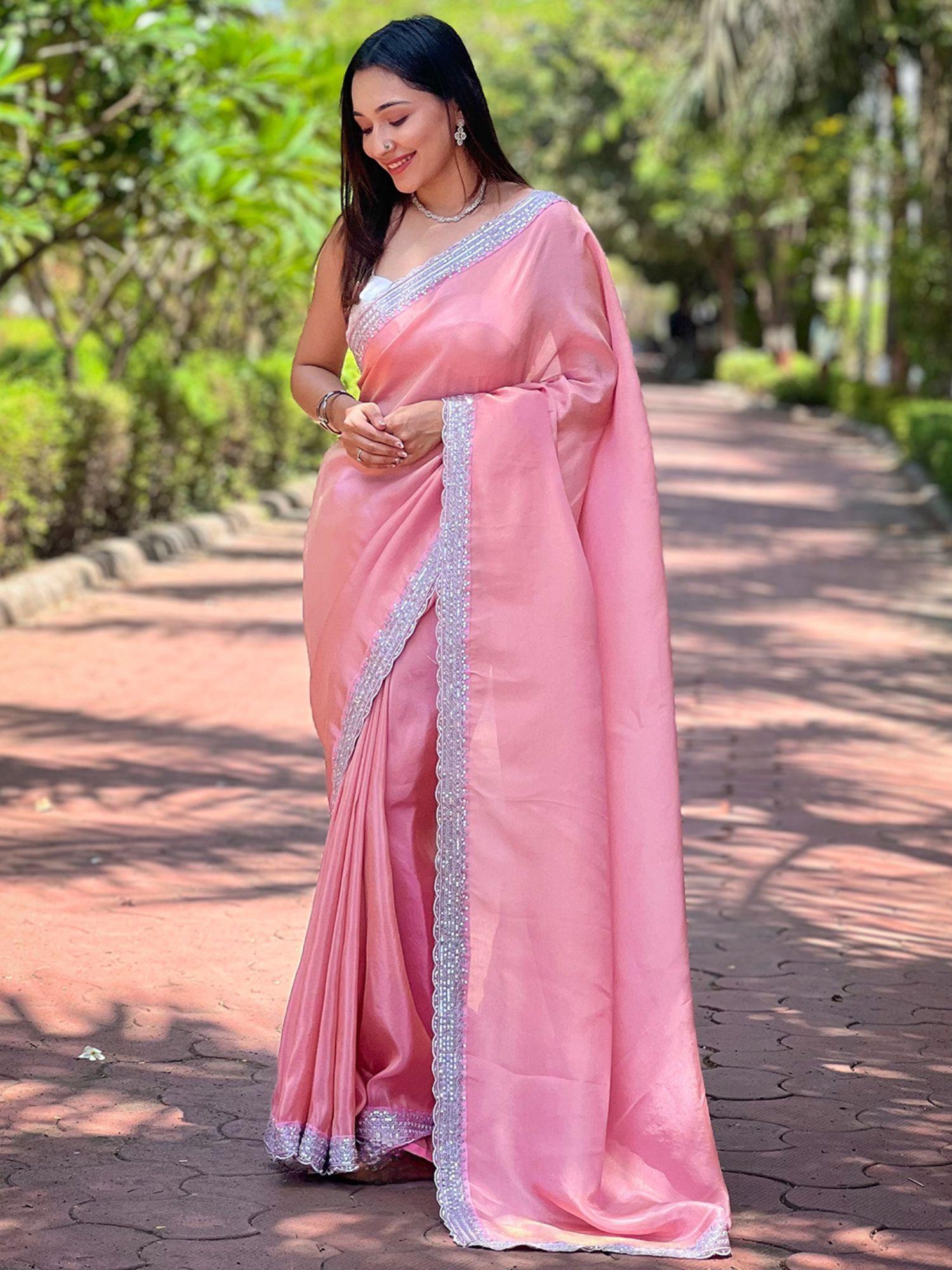 christa pink pure viscose dyed saree with unstitched blouse