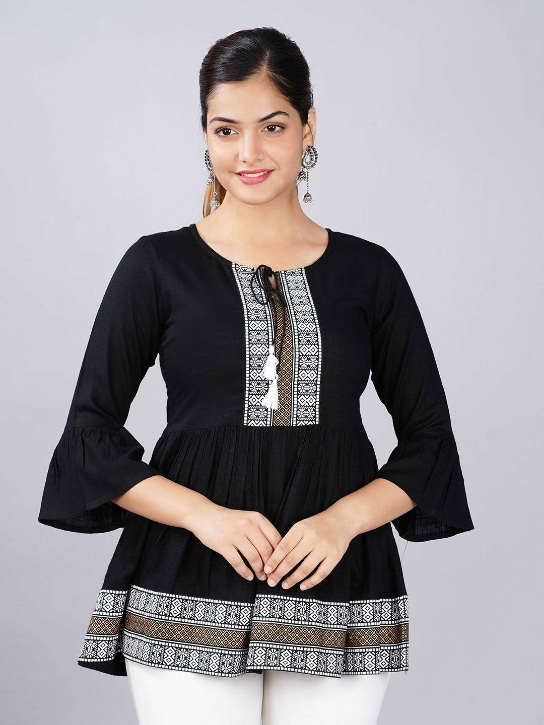 christeena women black geometric printed flared sleeves anarkali kurti