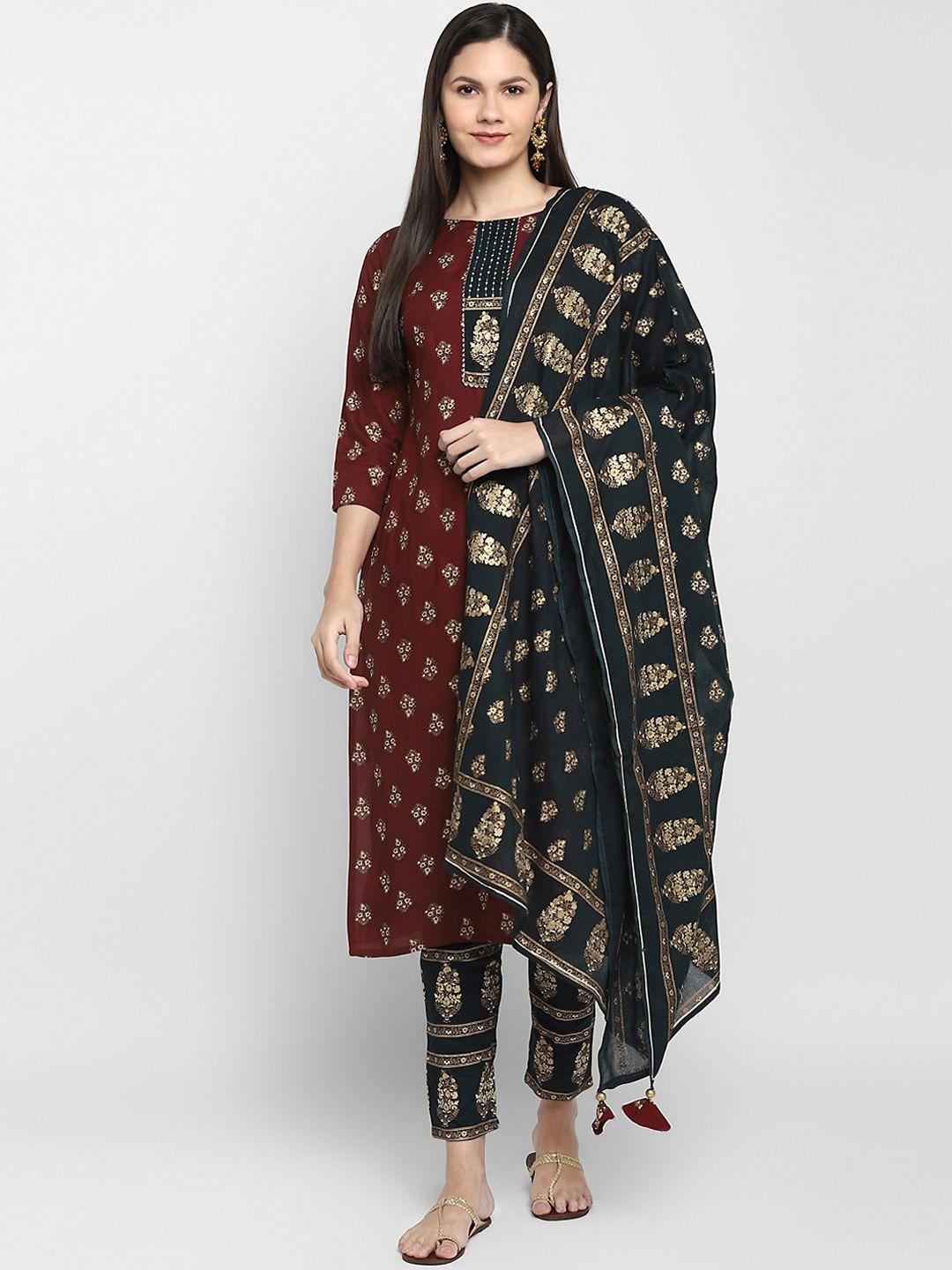 christeena women maroon ethnic motifs printed regular kurta with trousers & dupatta