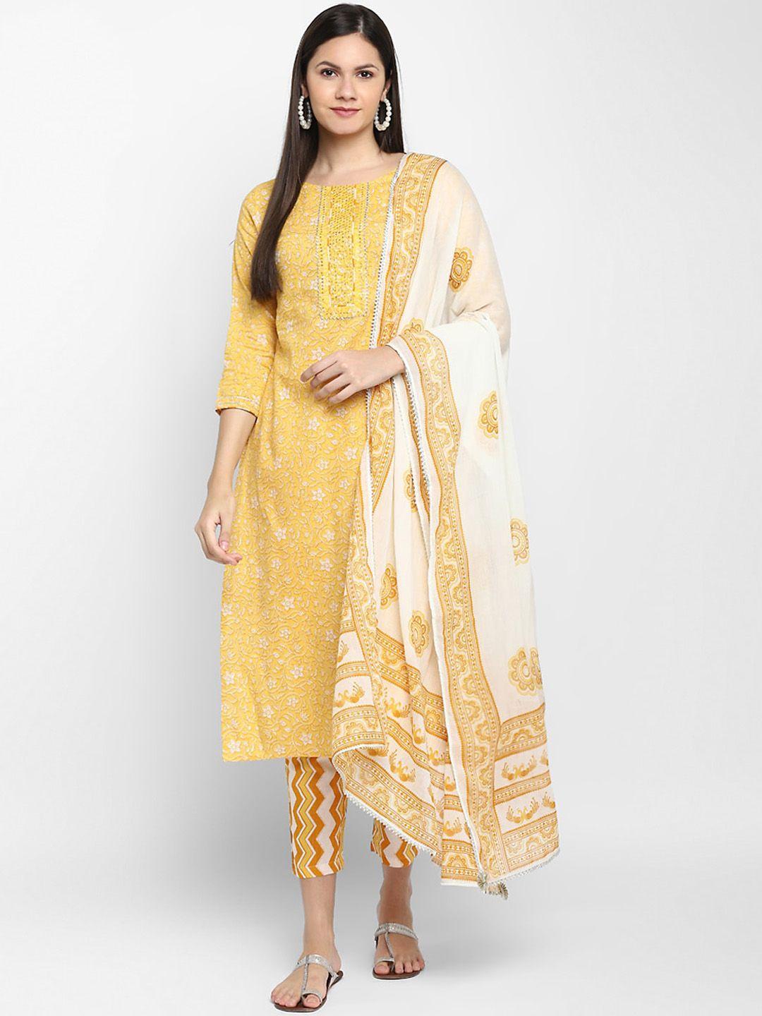 christeena women yellow ethnic motifs printed pure cotton kurta with trousers & dupatta