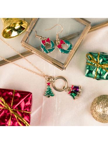 christmas tree and bell pendant wreath earrings set