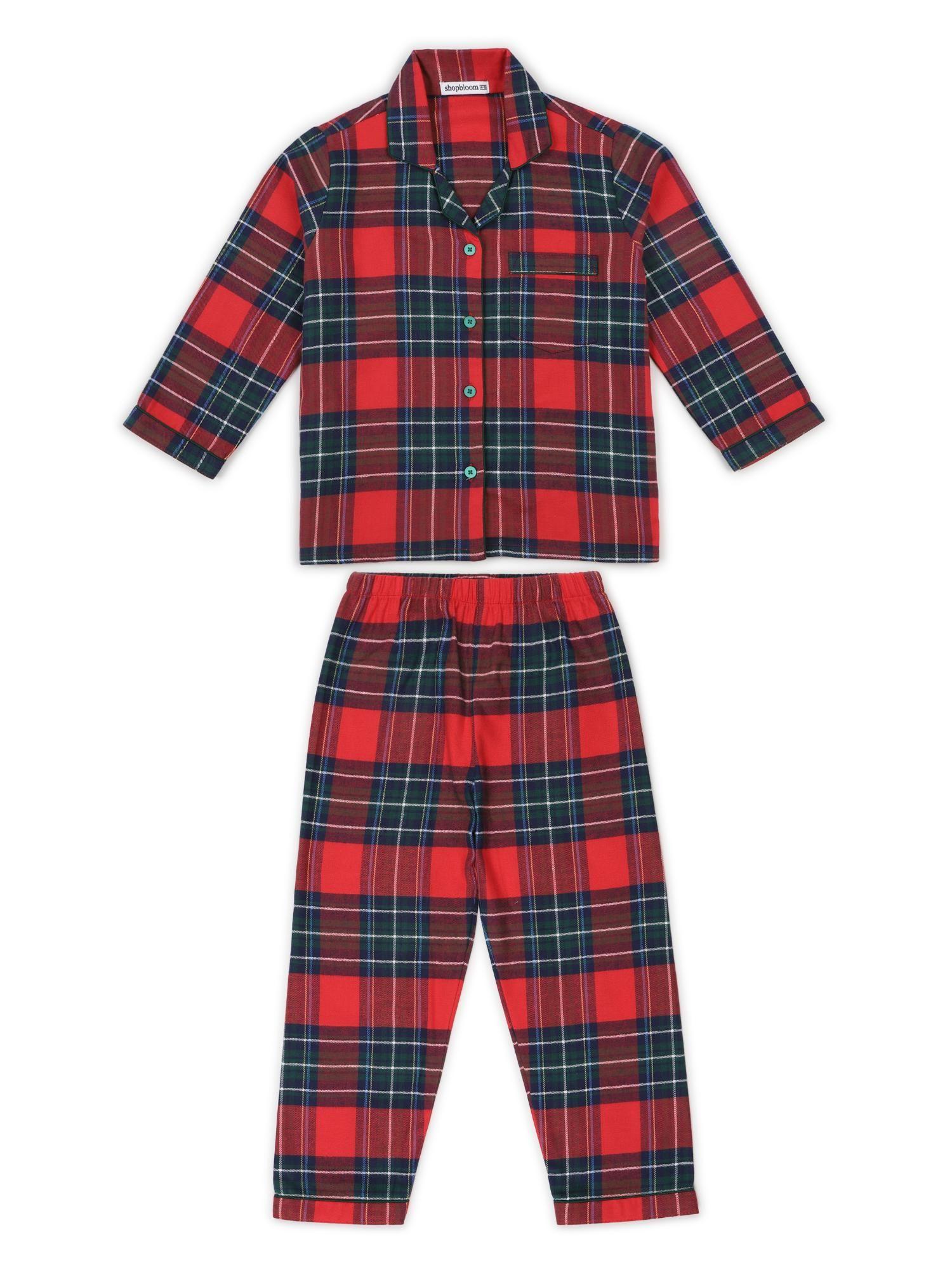 christmas checks cotton flannel long sleeve kids night suit (set of 2)