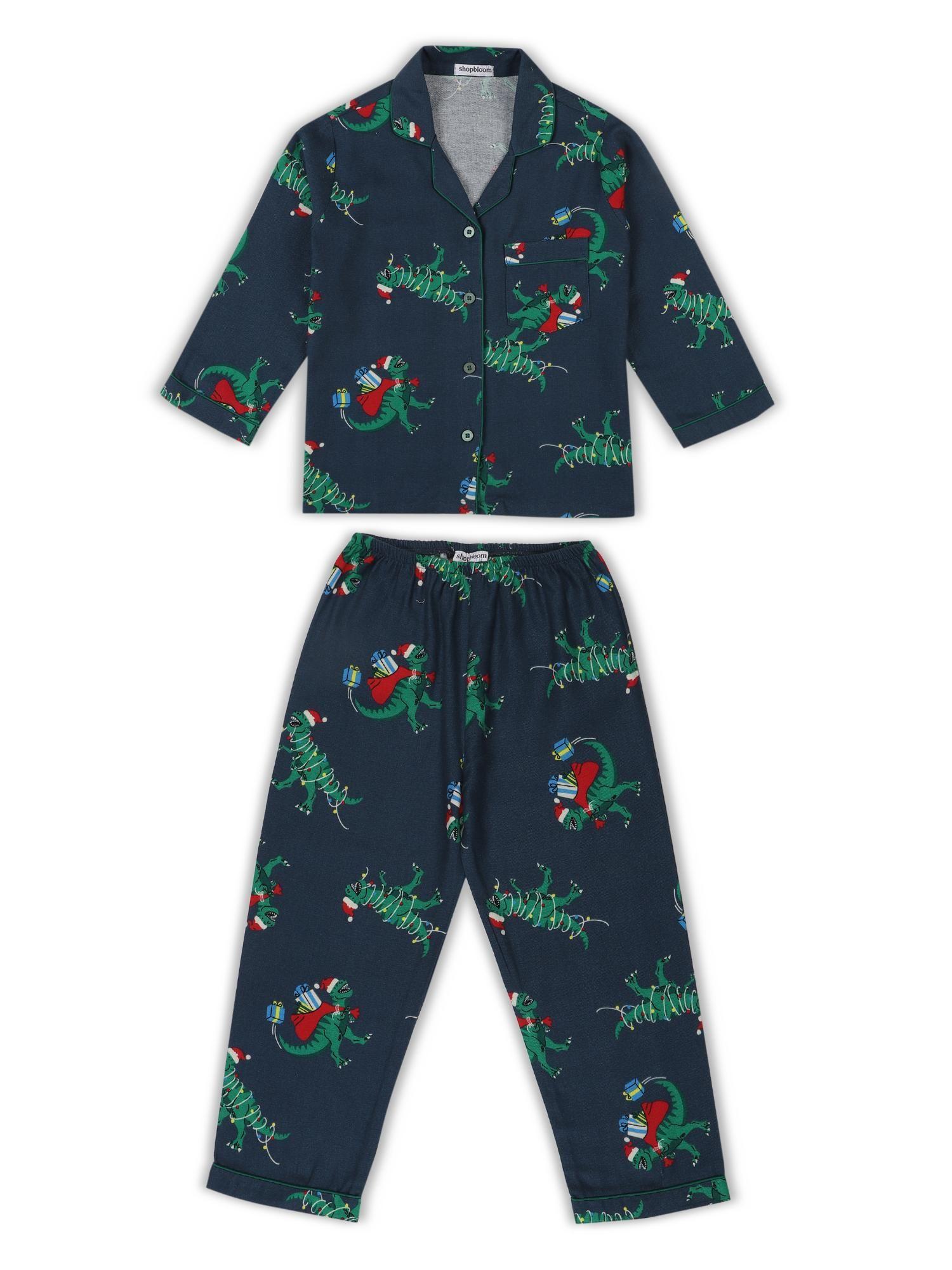 christmas dinosaur print cotton flannel kids night suit (set of 2)