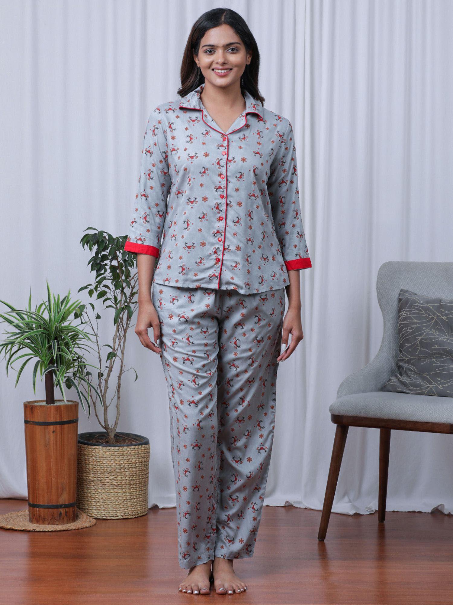 christmas vibe grey aop shirt with pyjama (set of 2)