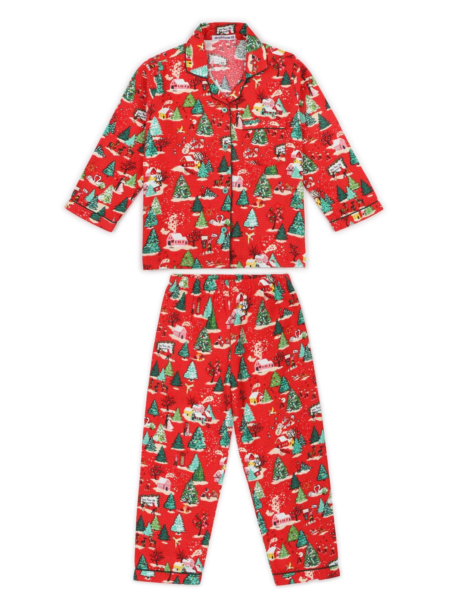 christmas wonderland cotton flannel long sleeve kids night suit (set of 2)
