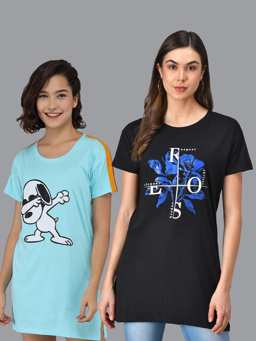 christy world pack of 2 graphic printed pure cotton t-shirt nightdress