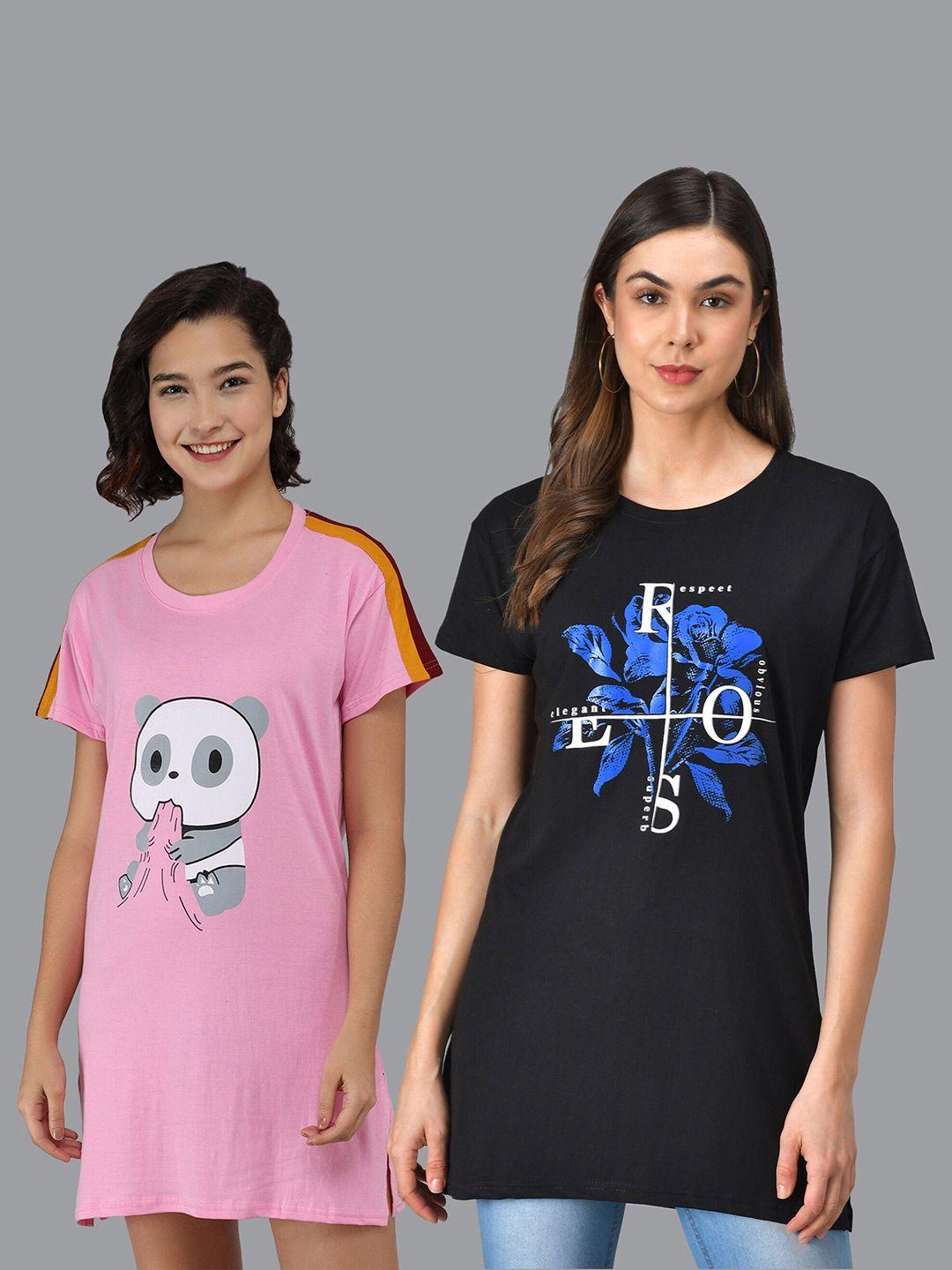 christy world pack of 2 graphic printed pure cotton t-shirt nightdress