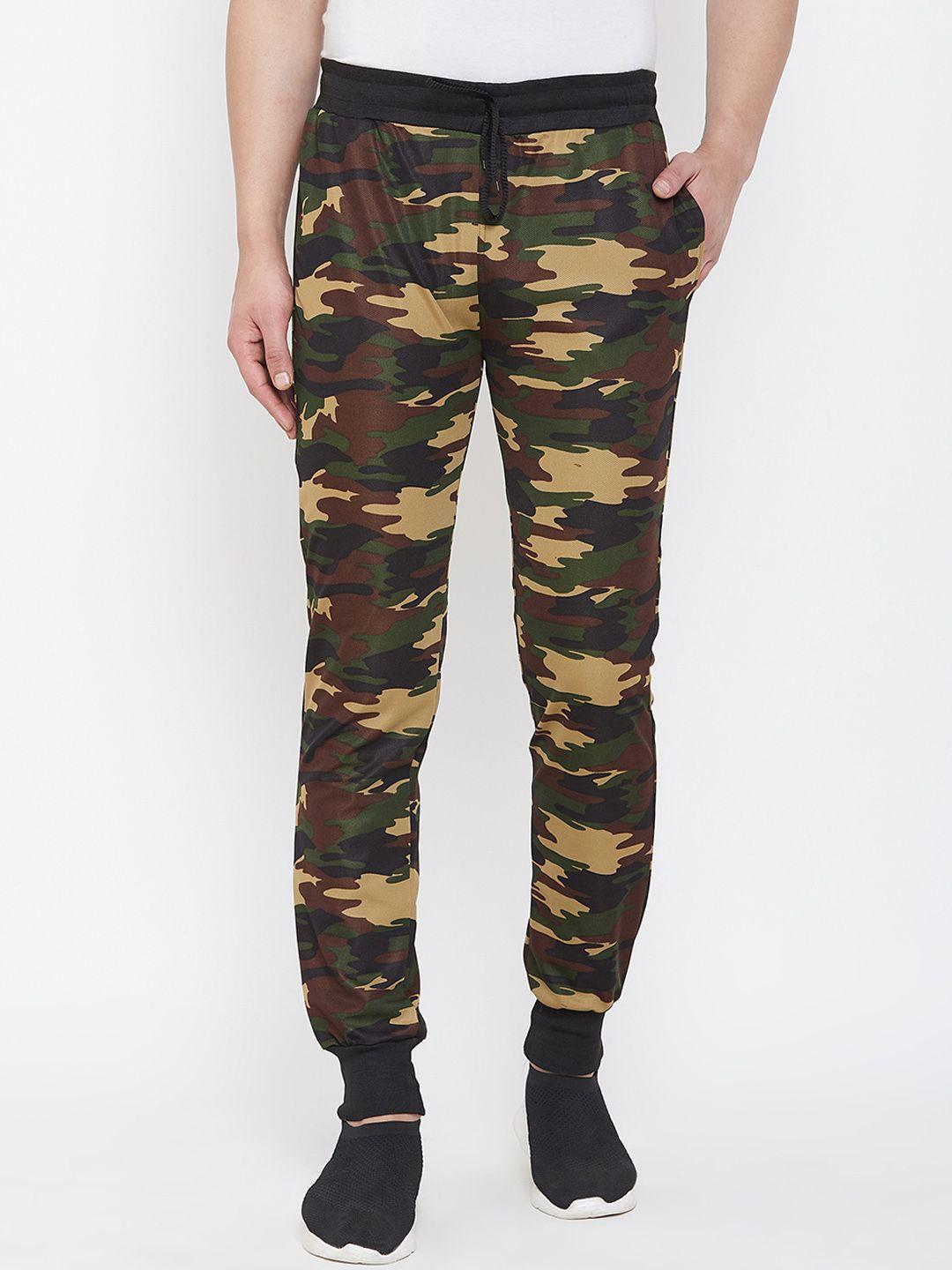 chrome & coral men green & brown printed rapid-dry joggers