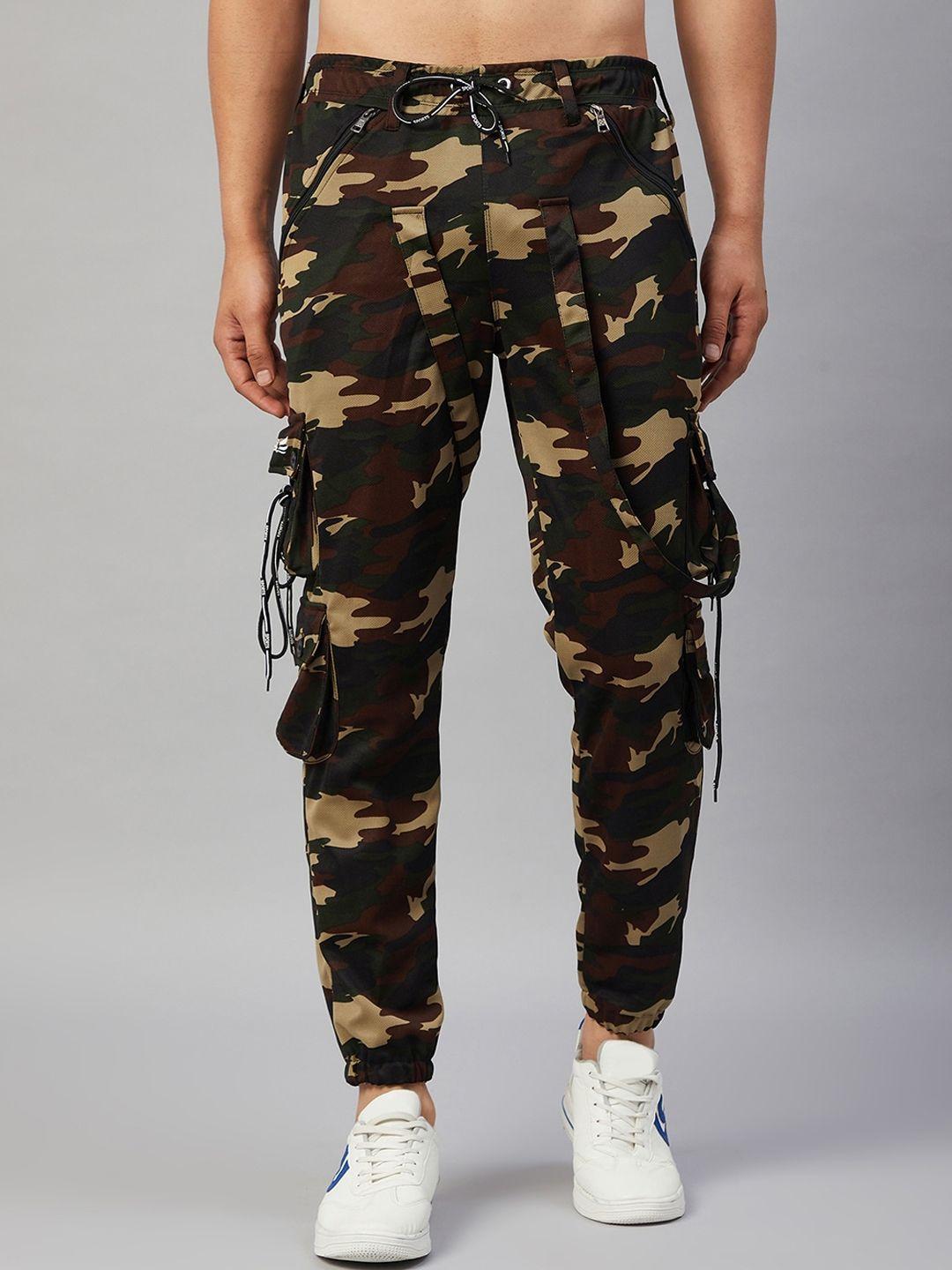 chrome & coral men green camouflage printed cargos trousers