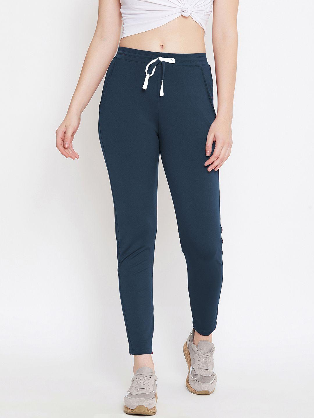 chrome & coral women navy blue solid slim-fit trackpants