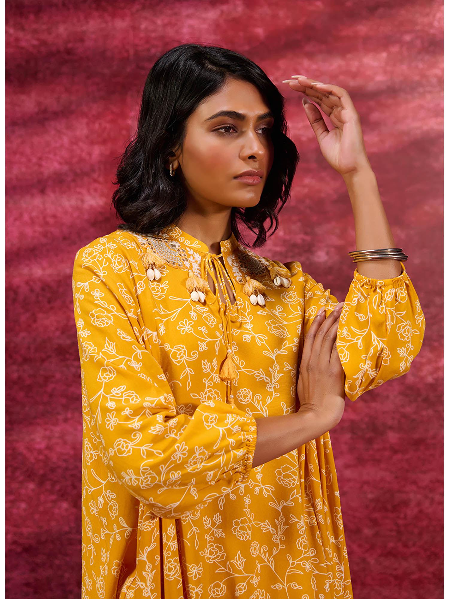 chrome yellow printed rayon long top for women