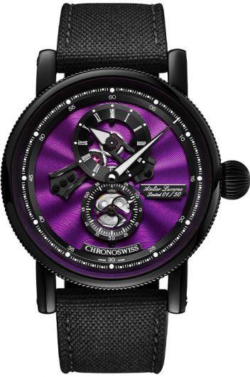 chronoswiss open gear purple dial manual winding watch with fabric strap for men - ch-8755.1-pubk