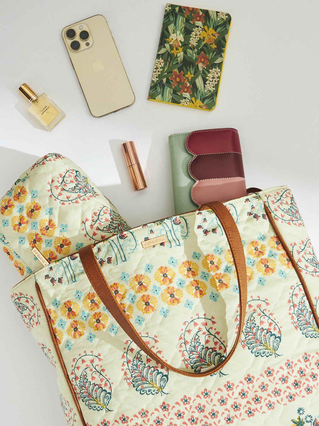 chumbak beige floral printed shopper tote bag