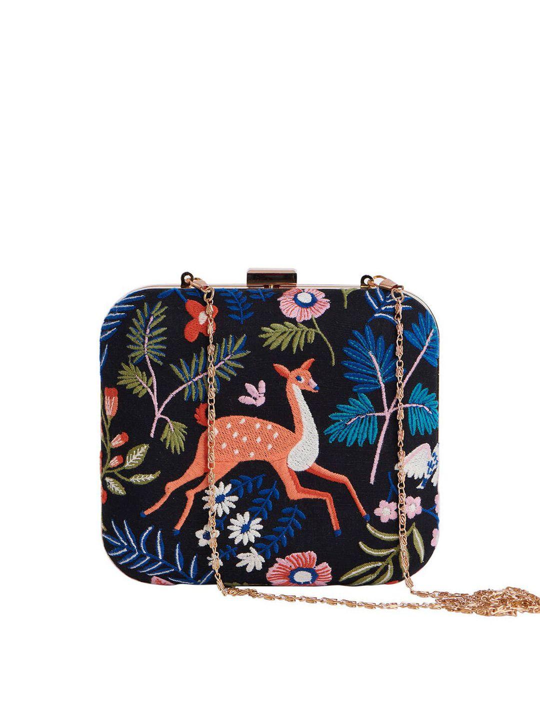 chumbak black & navy blue embroidered box clutch