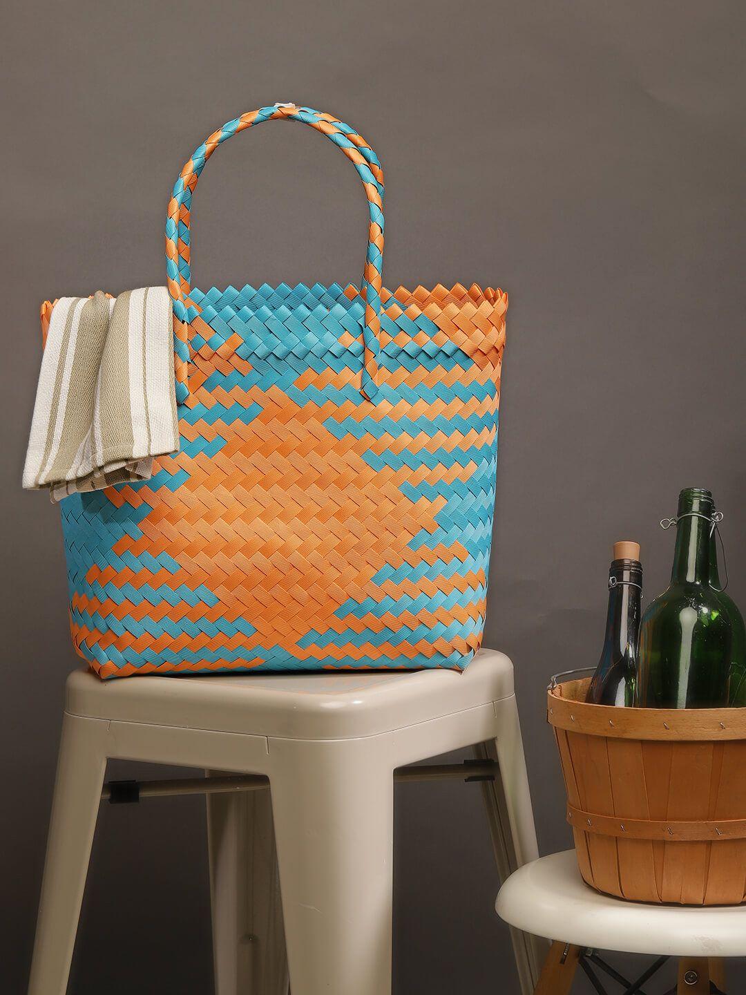 chumbak blue & orange self design tote bag