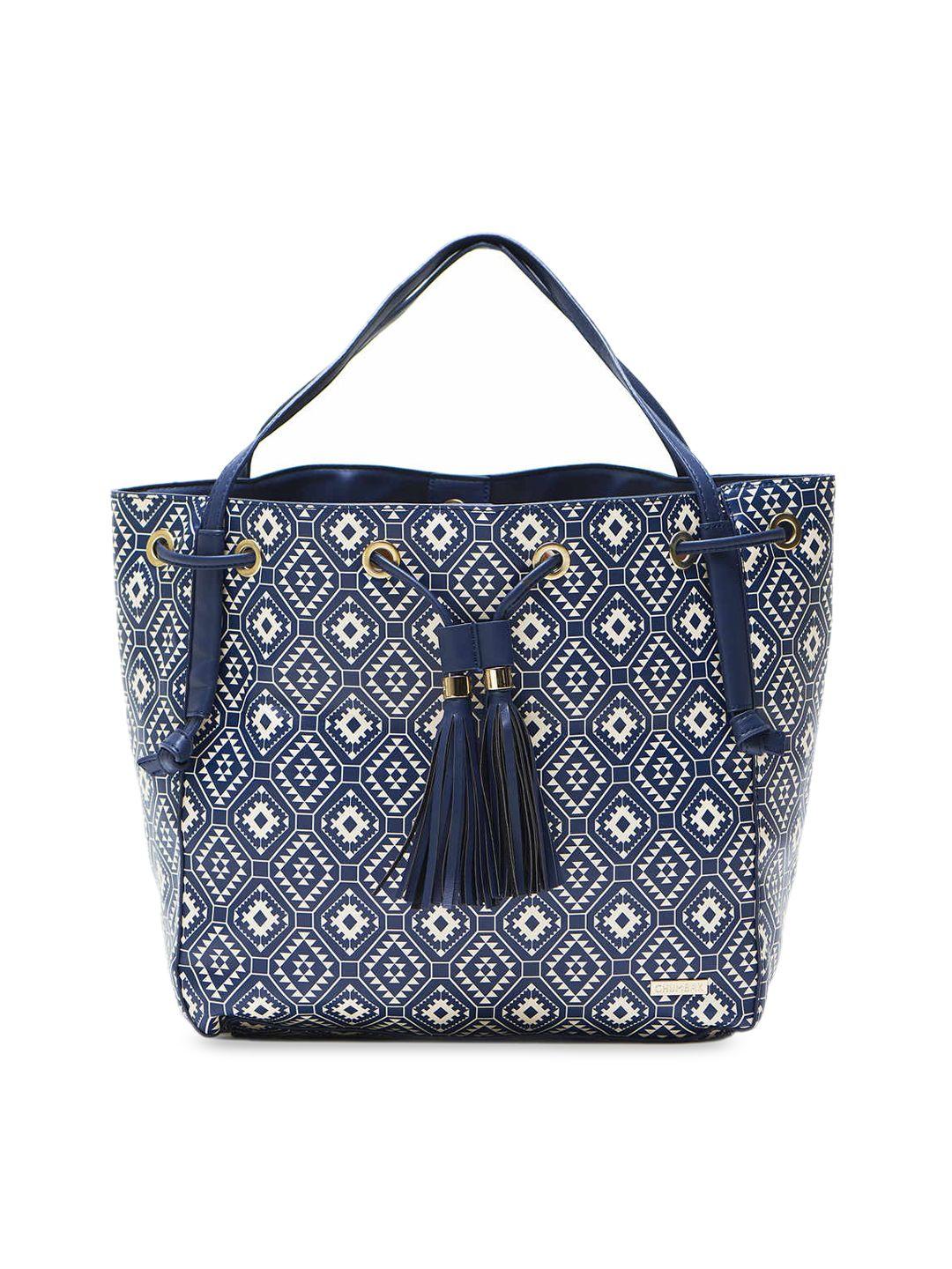 chumbak blue geometric printed pu oversized shopper tote bag with tassels