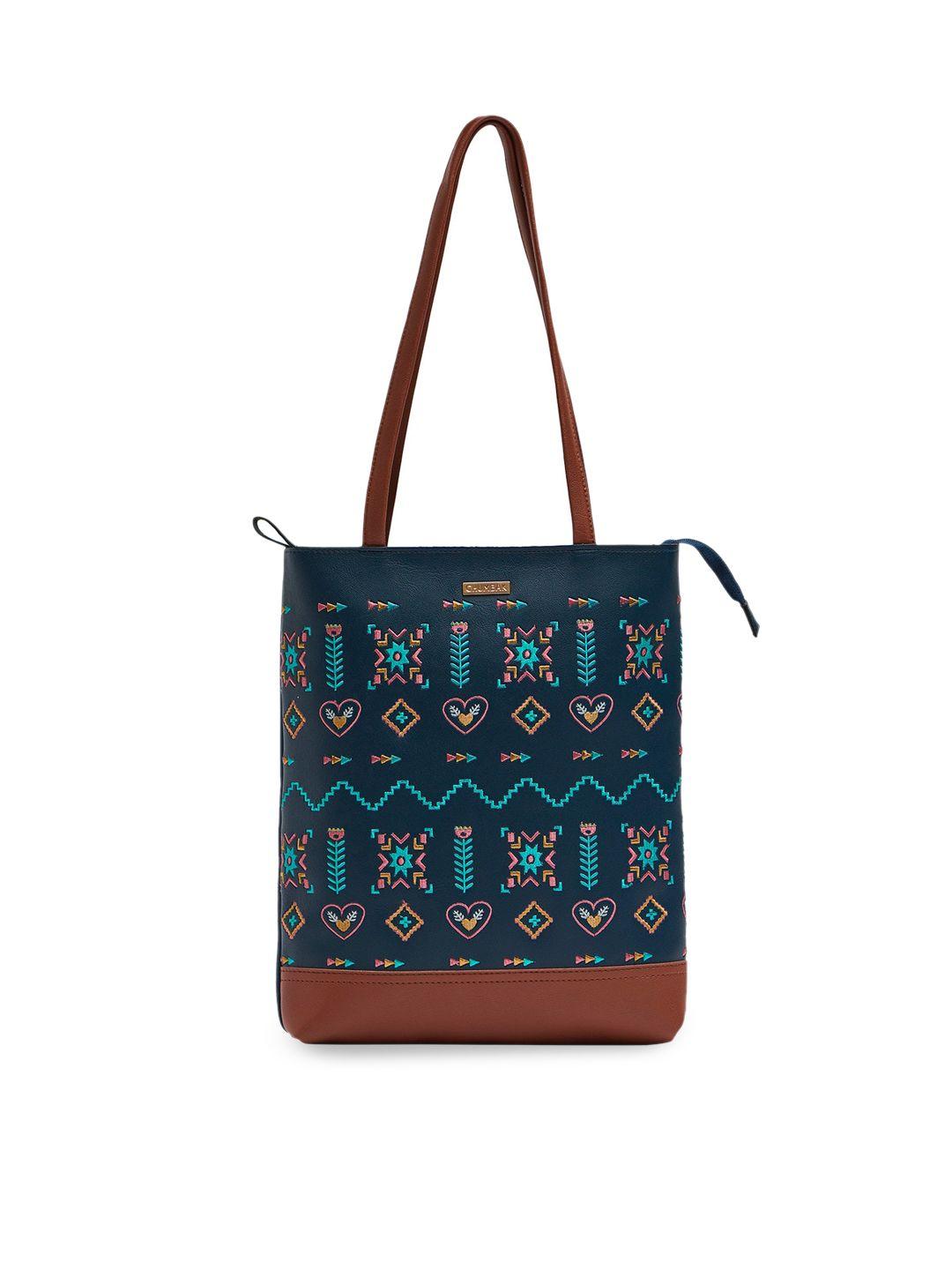 chumbak blue geometric printed pu shopper shoulder bag