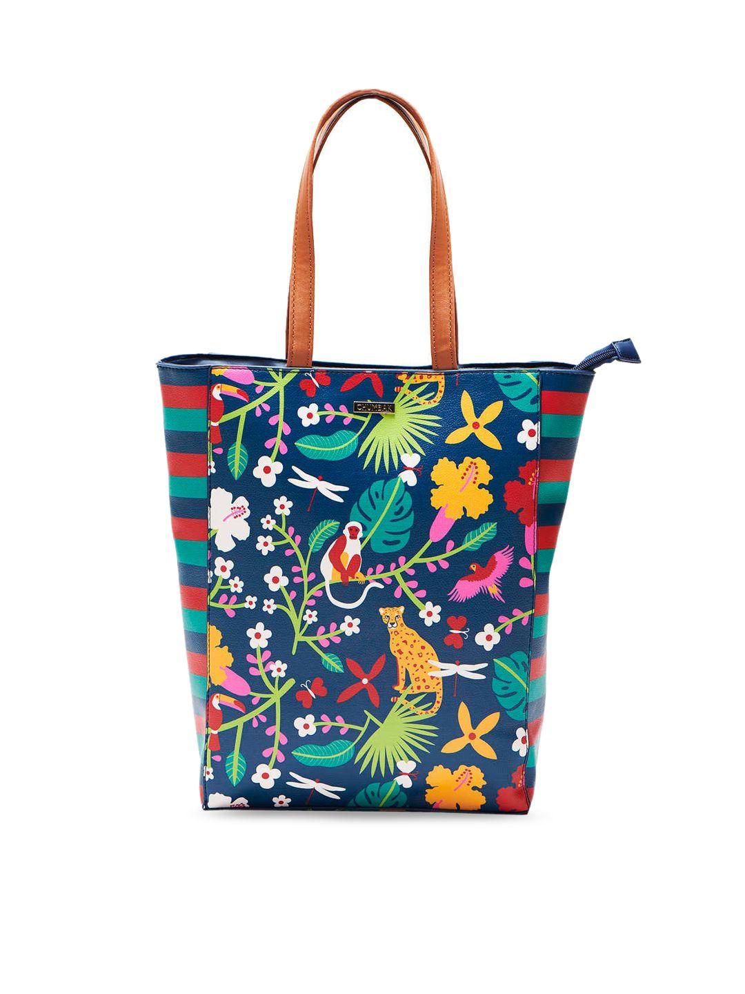 chumbak blue madagascar tales printed pu shopper tote bag