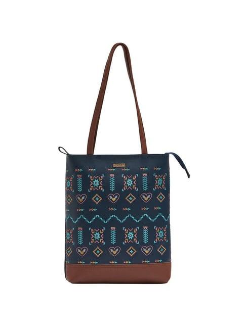 chumbak blue printed medium tote handbag