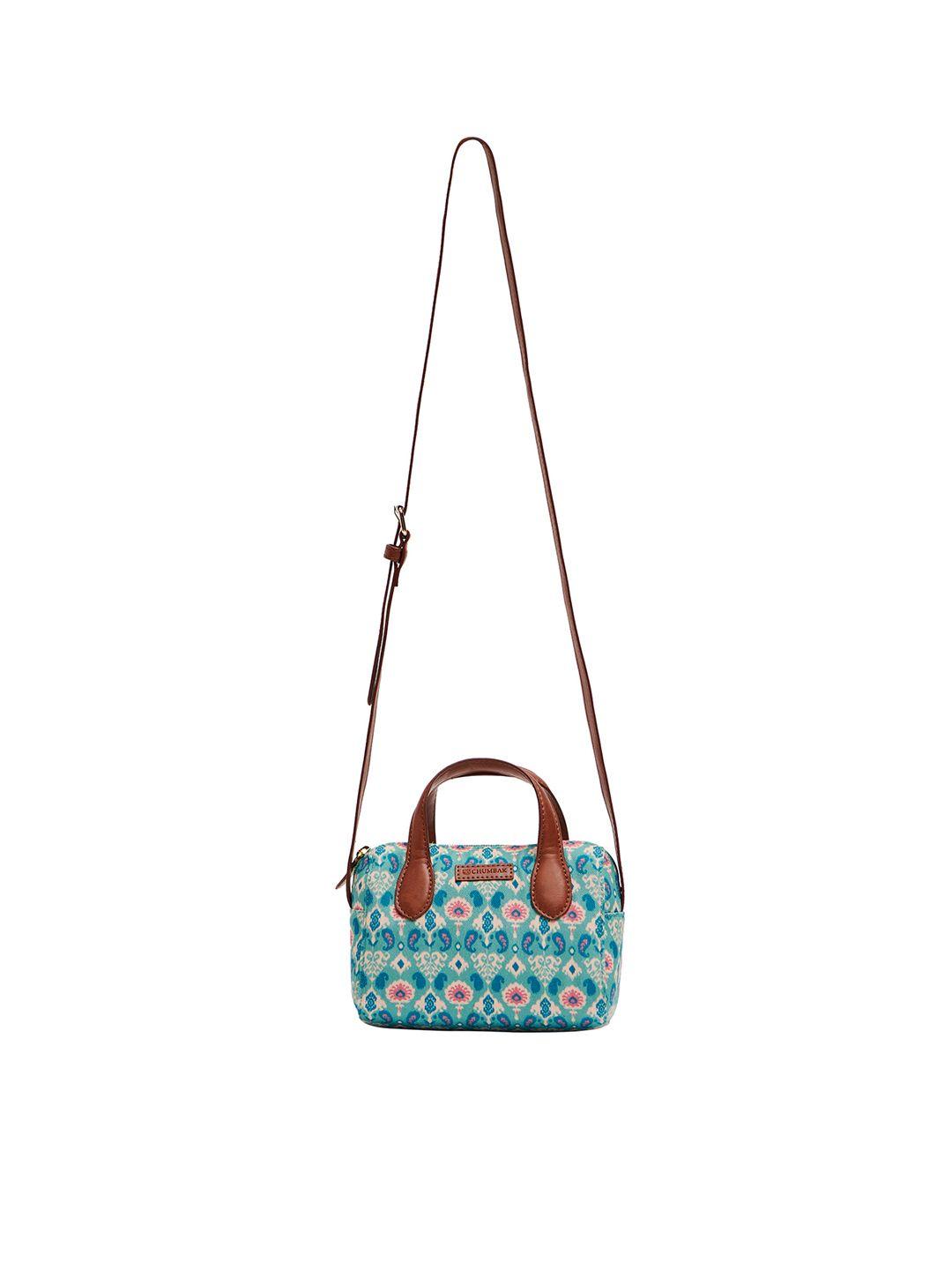 chumbak teal ethnic motifs printed pu structured sling bag