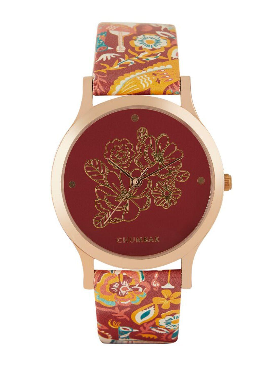 chumbak women brass printed dial & leather straps analogue watch - 8907605120220